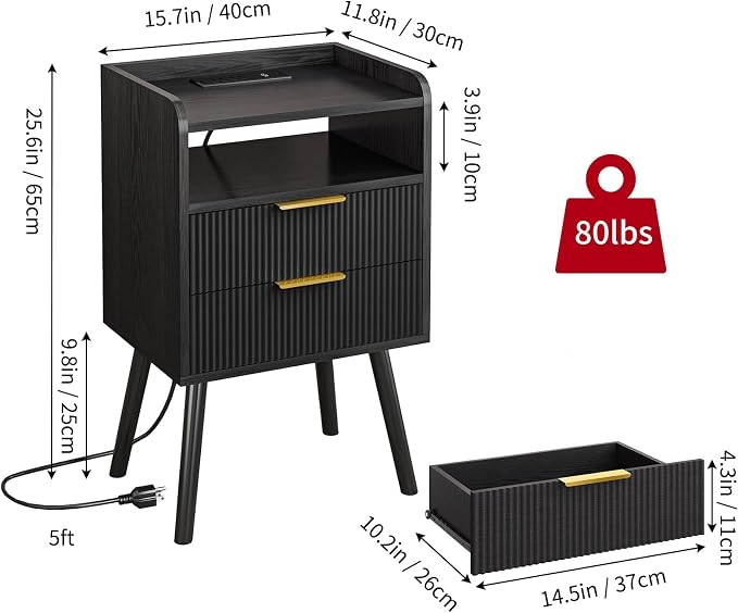 Fixwal Black Fluted Nightstand with Charging Station, LED Night Stand with 2 Wood Drawers for Bedroom, Modern Bedside Table, 15.7 x 11.8 x 25.6in - Image 2