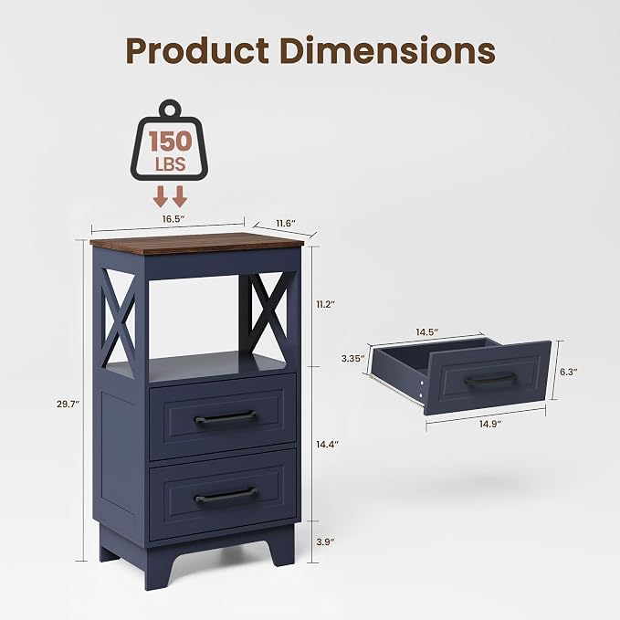 Tall Nightstand Set of 2 Side Table with 2 Drawers Modern Night Stand Wooden Rustic End Table Bedside Table with Upper Open Shelf Solid Feet for Bedroom Navy Blue+Walnut - Image 3