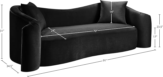 Meridian Furniture 44052Black-S Destin Collection Modern | Contemporary Sofa with Ultra Luxe Black 460 GSM Velvet, Rich Curves, 91" W x 34.5" D x 31" H, Black