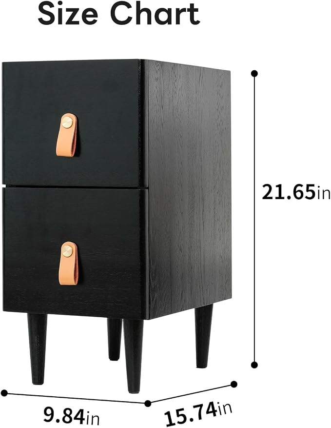 Narrow Nightstand, Solid Wood Night Stand, Mid Century Modern Side Table, 2 Drawers End Table, Small Bedside Tables for Bedroom, 9.84" W x 15.74" D x 21.65" H, Black - Image 2