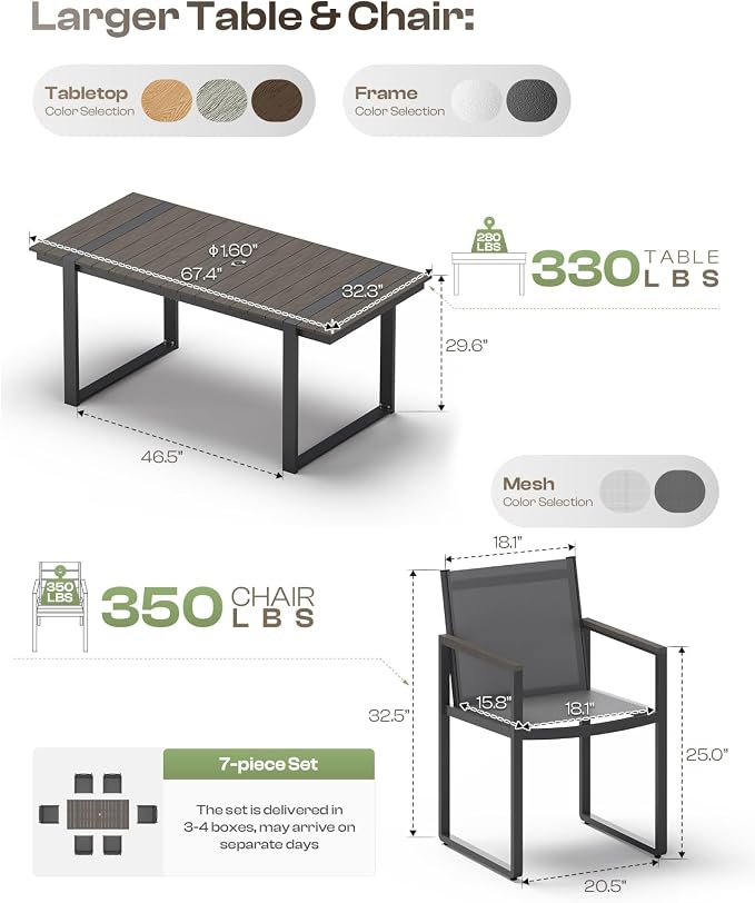 Outdoor Dining Set, HDPS + Aluminum Patio Table and Chairs Set with U-Shaped Base, 7 Piece Outdoor Furniture Set with Umbrella Hole, Patio Dining Table Set for Garden, Backyard (Charcoal) - Image 7