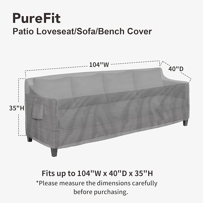 PureFit Outdoor Couch Cover Waterproof Patio Sofa Furniture Covers, 4-Seater Outdoor Cover with Air Vent and Handles, 104W x 40D x 35H Inches, Gray - Image 2