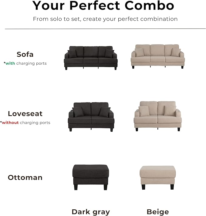 Homes: Inside + Out Reese Modern Plush Boucle Couch with Side Pockets, Cup Holders and USB Ports, Wooden Comfortable Sofa for Living Room, Bedroom and Office, Beige
