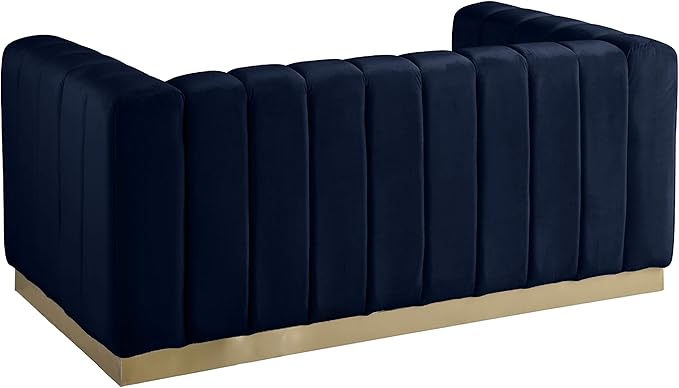 Meridian Furniture 603Navy-L Marlon Collection Modern | Contemporary Velvet Upholstered Loveseat with Deep Channel Tufting, Stainless Steel Base in a Brushed Gold Finish, Navy, 62.5" W x 34" D x 28" H