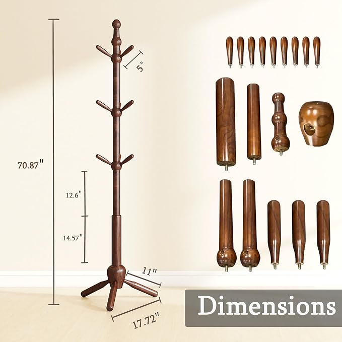 Solid Wood Coat Rack Stand, Vintage Heavy Duty Coat Hanger Stand with 9 Hooks, 3 Adjustable Size Sturdy Coat Tree for Living Room, Entryway, Office, Hallway, Brown - Image 3