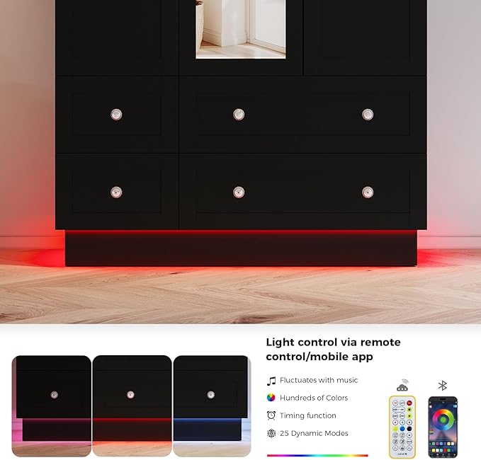 VOWNER Wardrobe Closet with 3 Doors, Bedroom Armoire with Mirror, LED Light, 4 Drawers and Hanging Rod, Large Capacity Storage Closet for Bedroom, Black 47" L