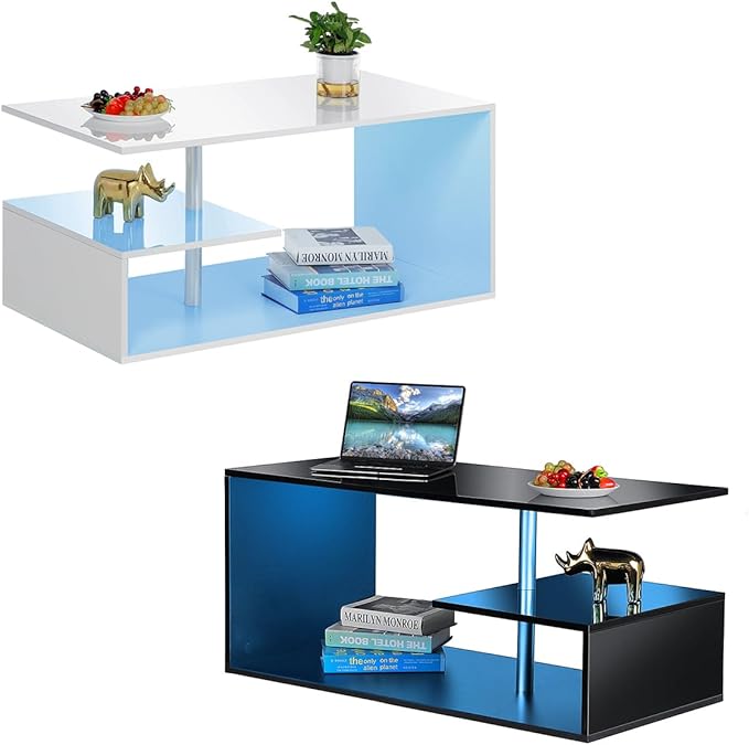 HOMMPA LED Coffee Tables for Living Room Modern Black Coffee Table with S-Shaped 3 Tiers Open Storage Shelf High Gloss Center Sofa Tea Table with LED Lights for Home Office Furniture Black 18" Tall