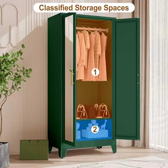 Metal Armoire Wardrobe Closet Storage Cabinet with Mirror Green, 71'' Wardrobe Cabinet with Hanging Rod Metal Closet with 2 Adjustable Shelves for Bedroom, Laundry Room, Cloak Room