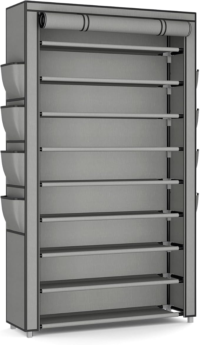 Shoe Rack with Cover, 10 Tier Shoe Organizer Storage for 40-50 Pairs Sneaker and Boots, Large Capacity, with 8 Pockets, Free Standing Tall Shoe Rack for Front Door Entrance, Closet, Grey - Image 8