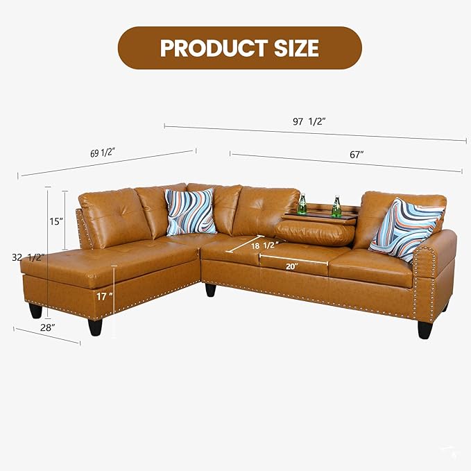 L Shape Sectional Couch with Chaise, 97.5 Inch Modular Sofa with Cup Holders, Sectional Couches for Living Room, Ergonomic Reclined Backrest, for Office and Small Apartment, Ginger