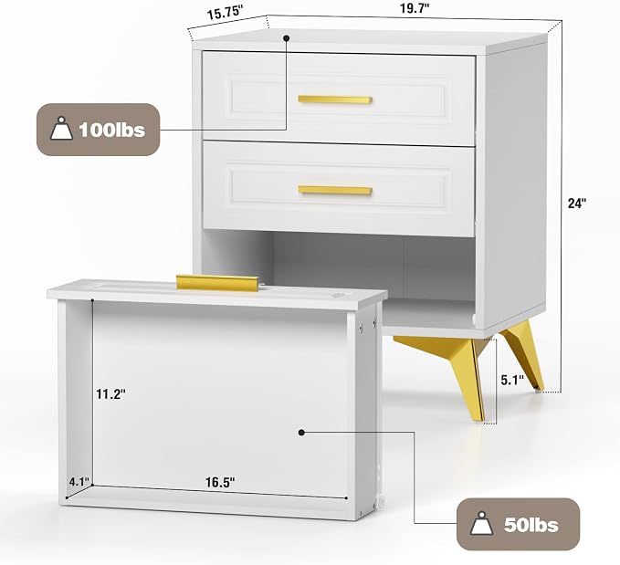 Giluta White Nightstand with 3 Drawers, Modern Night Stand with Gold Solid Metal Legs & Handles, Wood Bedside Table, Sofa End Side Table for Bedroom - Image 2