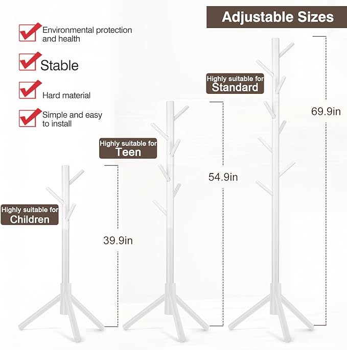 WANGMUXIA Coat Rack, Freestanding Coat Rack with 8 Hooks and 3 Adjustable Size Tree Coat Racks for Bedroom, Hallway, Entrance, Office, for Hats, Coats, Scarves, Handbags - Image 6
