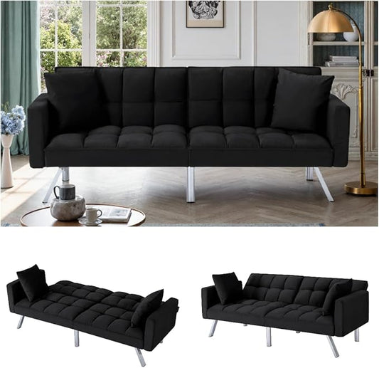 Convertible Futon Sofa Bed, 74 Inch Sleeper Couch Bed with Velvet Upholstery, Sofa Couch with Adjustable Backrest Pillows, Square Tufted Design for Living Room Home Office, Black
