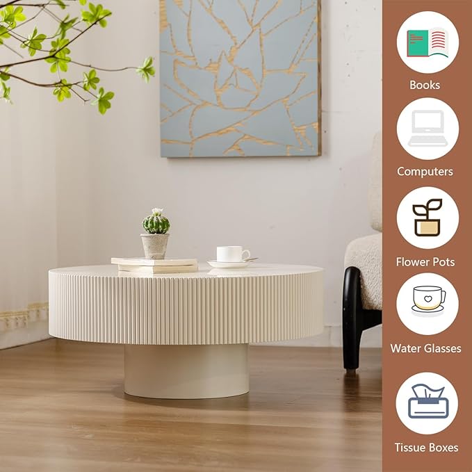 Round Coffee Table Fluted Coffee Table Wood Drum Coffee Tables Modern Circular Coffee Tables Circle Pedestal Center Table for Living Room (White Thick Desktop)