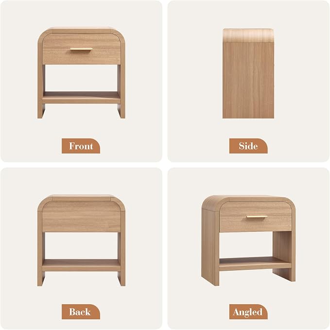 Night Stand Set of 2 [Unique Curved Profile] [FSC-Certified Wooden Board] 1-Drawer and 1 Storage Shelf Nightstand 24" H Metal Handle Modern Bedside Table Side Table End Table for Bedroom - Image 9