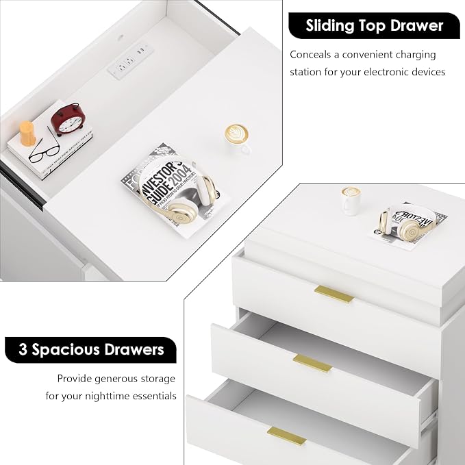 LED Nightstands Set of 2,Night Stands for Bedroom Set of 2,Nightstand with Charging Station and Sliding Top,Bedside Table with Power Outlets & Drawers,Modern End Side Table(2 White) - Image 4