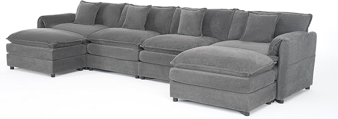 143-Inch U-Shaped Sectional Cloud Sofa Oversized Modular 6 Seaters Sofa Couch with 2 Ottoman Chaise and Pillow Armrest, Chenille Upholstered Convertible Cloud Couch