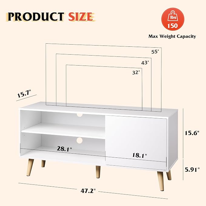 WLIVE TV Stand for 55 Inch TVs, Entertainment Center with Storage Cabinet, Mid-Century TV Stands for Living Room and Bedroom, 50" TV Console, White - Image 3