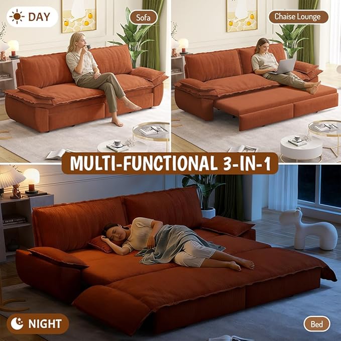 73.2" Queen Size Pull Out Sofa Bed, 3-in-1 Convertible Sleeper, Corduroy Loveseat for Living Room, Apartment, Bedroom Small Spaces, Orange (Mattress & Bedding Not Included)