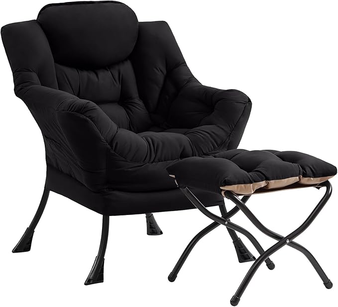 Cozy Lazy Chair and Ottoman, Large Peach Black Contemporary Accent Chair Set, Leisure Upholstered Reading Armchair for Office, Bedroom, Living Room, Dorm Rooms, Balcony
