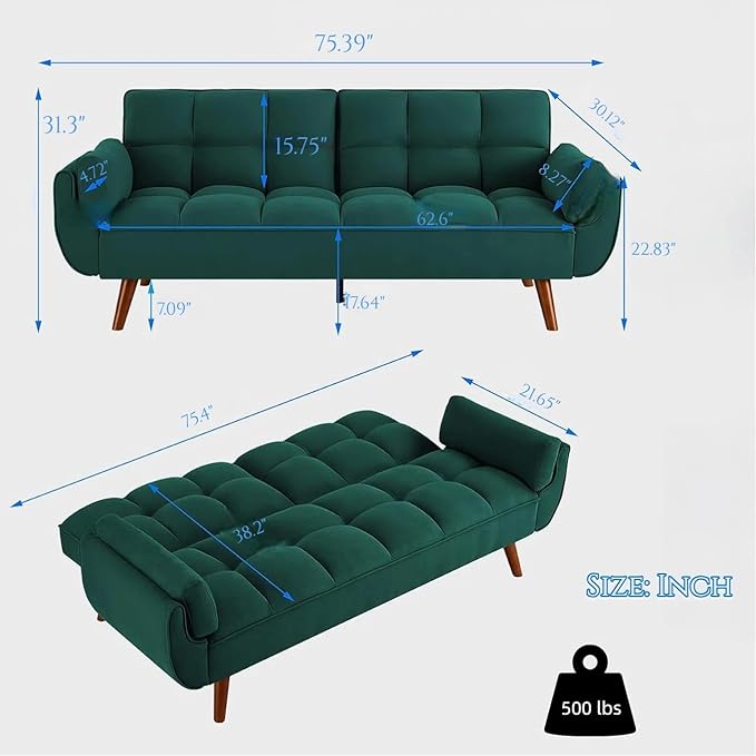 Convertible Futon Sofa Bed, Modern Futon Couch with 2 Pillows, Small Futons Couch with Adjustable Armrest & Backrest, Loveseat Sofa Bed for Living Room, Bedroom, Green