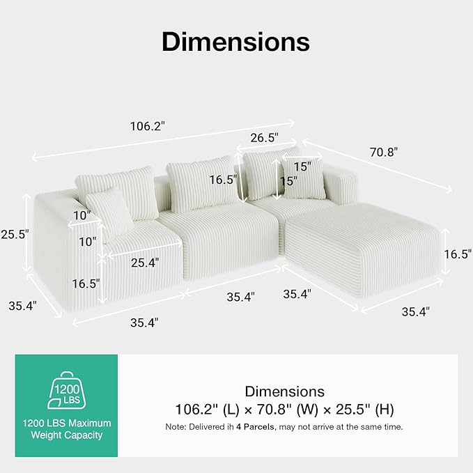 Novilla 106" Modular Sectional Sofa, Modern Cloud Sectional Couch with Smarts Coil® Support, L-Shape Boneless Couch for Living Room Apartments, No Assembly Required, Beige (3 Seat w/ 1 Ottoman)