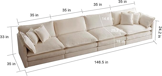 ERYE 146.5" Oversized Modular Sectional Cushion Modern Deep Seat Sleeper Sofa & Couch W/Pillows, Living Room DIY Free Combination 4 Seaters Comfy Upholstered Furniture for Home Apartment Office, Beige