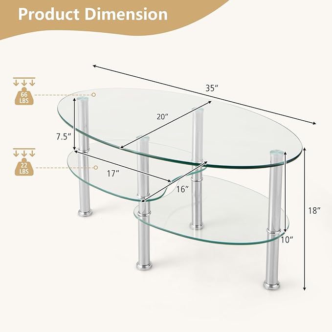 Giantex Oval Glass Coffee Table - 3-Tier Transparent Tempered Glass Table W/Sturdy Chrome Plated Legs, Small Sofa Side Table, End Table for Living Room, Bedroom, Office, 35"× 20" ×18" (Clear)