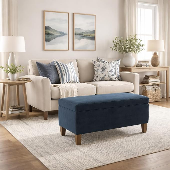 HomePop Large Upholstered Rectangular Storage Ottoman Bench with Hinged Lid, Navy - Image 2