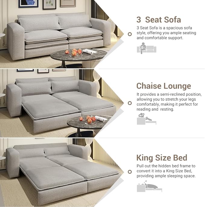 Eafurn 3 in 1 Convertible Pull Out Sleeper Sofa Couch Bed King Size,93" Oversized Recliner Loveseat Chaise Lounge Sofabed Daybed with Thickness Cushions for Living Room Office
