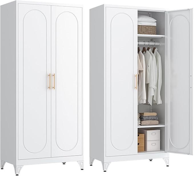 SteeLoong 71" Metal Armoire Wardrobe Closet with Doors，Tall Clothing Storage Cabinet with Adjustable Shelves and Hanging Rod,White Wardrobe Closet for Bedroom,Home,Office,Gym