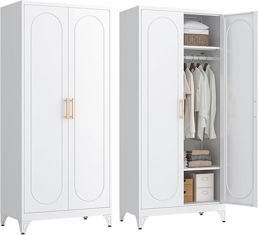 SteeLoong 71" Metal Armoire Wardrobe Closet with Doors，Tall Clothing Storage Cabinet with Adjustable Shelves and Hanging Rod,White Wardrobe Closet for Bedroom,Home,Office,Gym