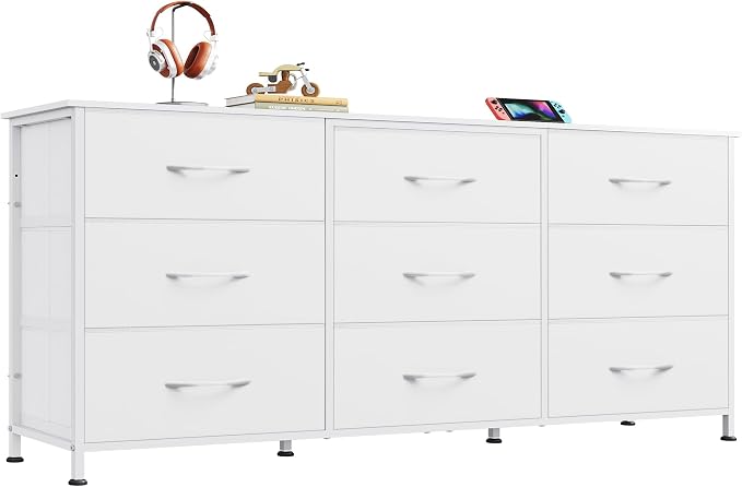 WLIVE 54''W Dresser for Bedroom, White Dresser TV Stand for 55, 60, 65 inch TV, Wide Chest of Drawers with 9 Drawer, Large Entertainment Center, Fabric Dressers with Wood Top for Closet, Living Room by WLIVE