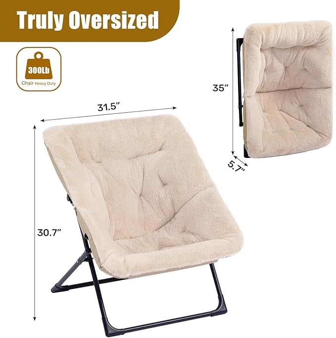HollyHOME X-Large Saucer Chair, Comfy Oversized Folding Chair, Faux-Fur Reading Chair for Teens, Adults, Foldable Accent Lazy Chair, Metal Lounge Chair for Living Room, Bedroom, Dorm, Light Khaki