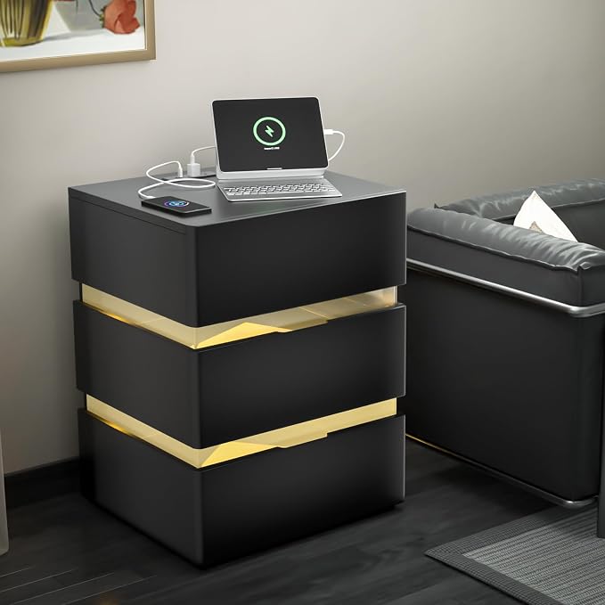 VINGLI LED Nightstand with Charging Station, 3 Drawer Nightstand, Black Nightstand, Acrylic Nightstand, Smart Nightstand, Wood Nightstand Bedroom, Modern Night Stand, Bedside Table, End Table - Image 9