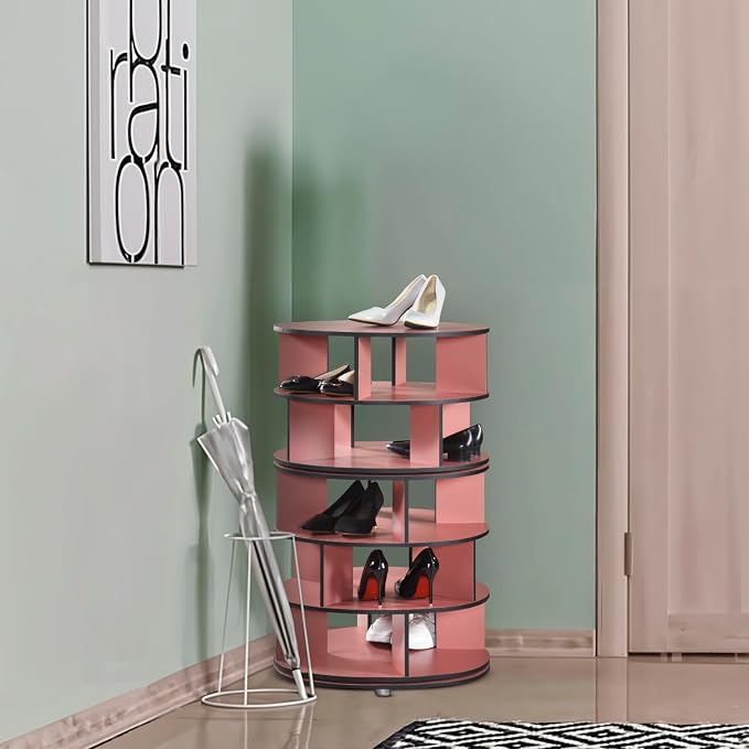Kings Brand Furniture - 5-Tier Rotating Shoe Rack, 360° Revolving Lazy Susan Spinning Shoe Rack Tower Storage Organizer for Closet Entryway Bedroom Hallway, Red - Image 6