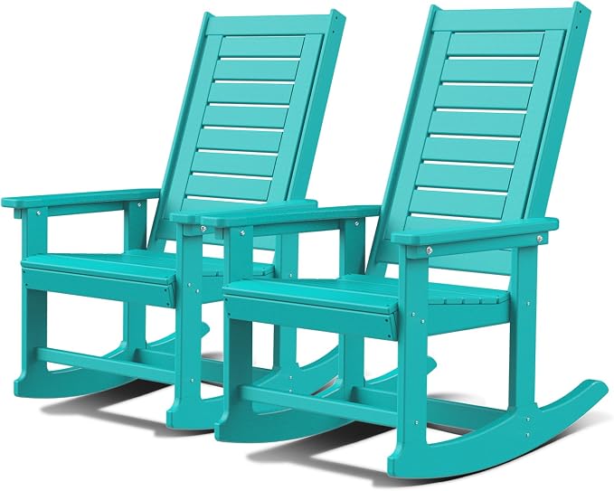 GREENVINES Outdoor Rocking Chairs | Set of 2 | Porch Rocker | HDPE Plastic | Aqua | Oversized Rockers | High Back | Big & Tall | Ladder Back | for Patio Outside Backyard Balcony Garden by GreenVines