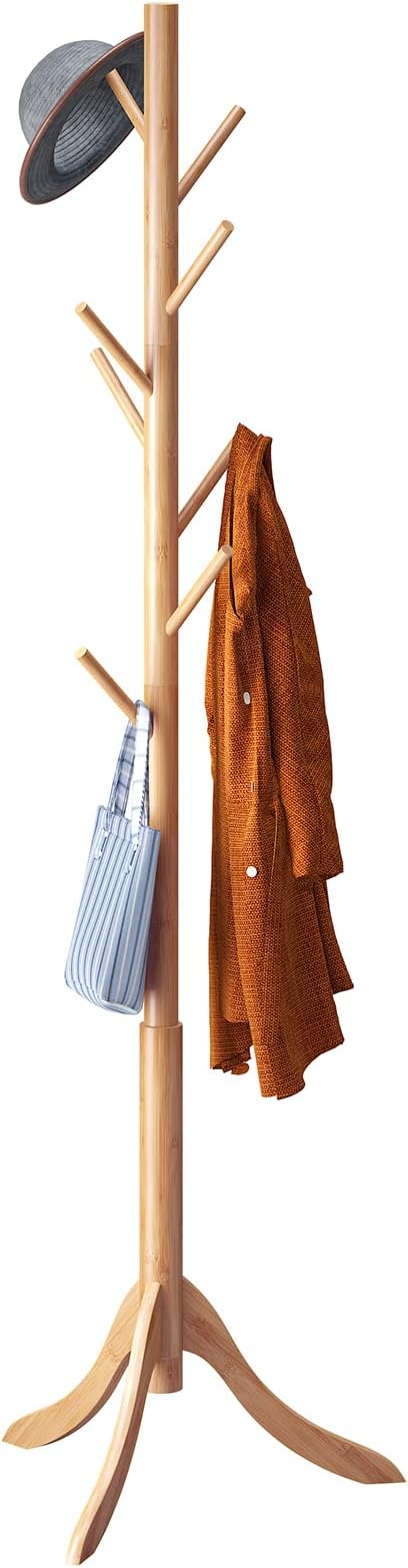 Coat Rack Freestanding, Coat Stands Entryway, Bamboo Coat Rack Hat Hanger 8 Hook for Jacket, Purse, Scarf Rack, Umbrella Tree Stand (Natural) by Furshus