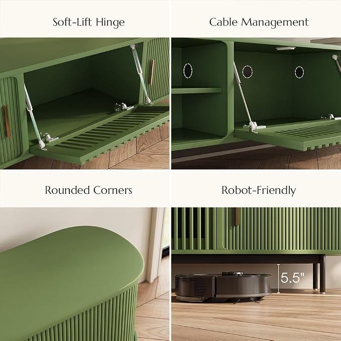 POVISON Fully-Assembled Modern Green TV Stand with Tambour Doors, Fluted TV Media Console for 65 Inch TVs, Sliding Door Entertainment Center with Storage for Living Room (Green, 70.87") - Image 4