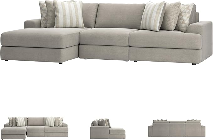 Signature Design by Ashley Avaliyah Casual L-Shaped 3-Piece Sectional with Chaise with Reversible Cushions and 6 Accent Pillows, Light Gray