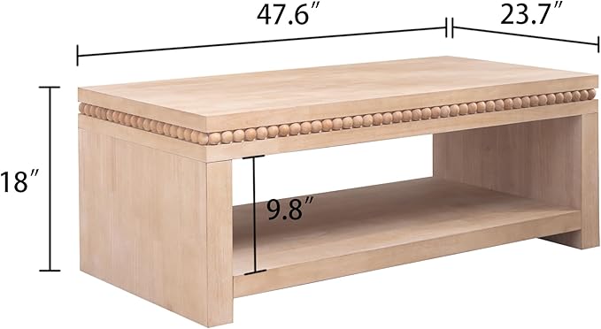 Rectangular Coffee Table with Real Wood Beads, Rustic Wooden Center Table with Open Storage Shelf, Farmhouse Tea Table for Living Room Apartment Office,47.6" L x 23.7" W x 18" H