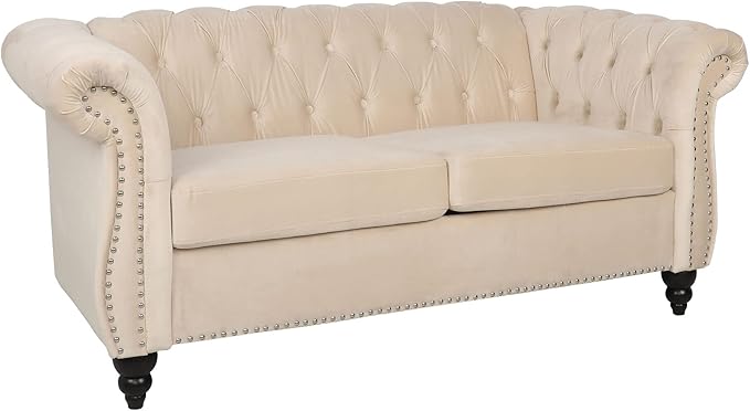 LEVNARY Velvet Sofa, Chesterfield Tufted Upholstered 2 Seater Couch, Modern Loveseat Couch Classic Furniture for Living Room Bedroom (Beige)