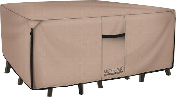 ULTCOVER Rectangular Patio Heavy Duty Table Cover - 600D Tough Canvas Waterproof Outdoor Dining Table and Chairs General Purpose Furniture Cover Size 111L x 74W x 28H inch by ULTCOVER