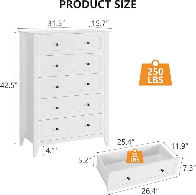 GarveeHome White 5 Chest of Drawer Dresser, Modern Tall Nightstand with Deep Drawers and Nickel Round Handle, Wood Organizer Storage Cabinet for Bedroom, Living Room, Hallway - Image 2