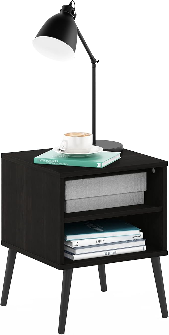 Furinno Claude Side Table, 2-Tier Square Mid-Century End Table with Wooden Legs, Open Shelf Night Stand, Bedside Table, for Living Room, Bedroom, Espresso