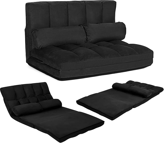 KOMFOTT Adjustable Floor Sofa Bed, Foldable Lazy Sofa Sleeper Bed with 6 Position Backrest & 2 Pillows, Convertible Futon Couch Bed with Suede Cloth Cover, Lounge Recliner for Living Room (Black)