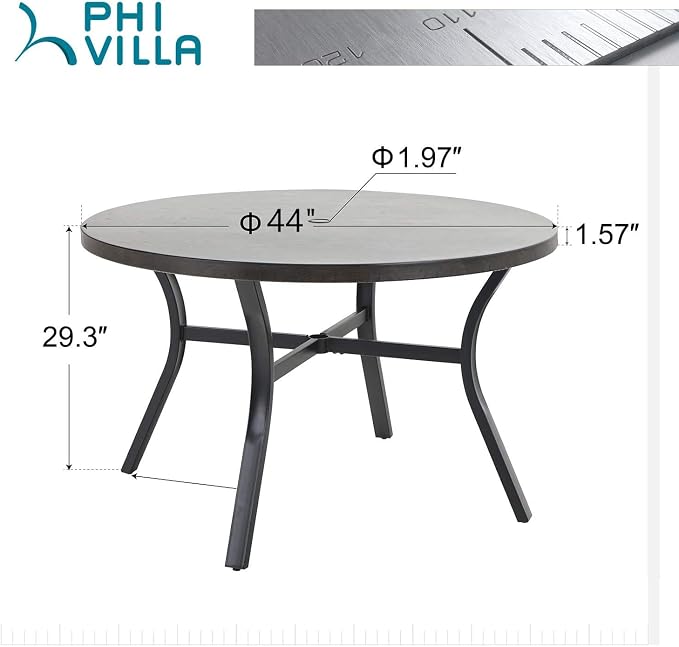 PHI VILLA 44 Inch Large Metal Round Table for 4, Wood-Like Top Patio Table with Umbrella Hole, Large Modern Furniture for Deck, Porch, Yard - Black - Image 3