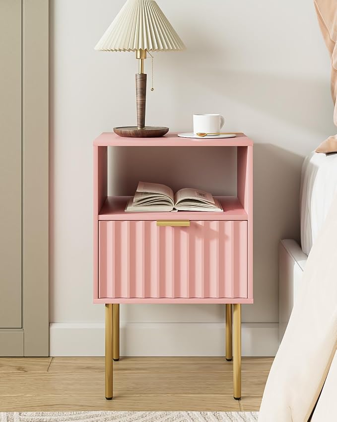 Nightstand,Modern Bedside Table with Gold Frame,White Night Stand,Bedside Furniture, Modern Side Table with Drawer and Shelf for Bedroom,Living Room (Pink) - Image 6