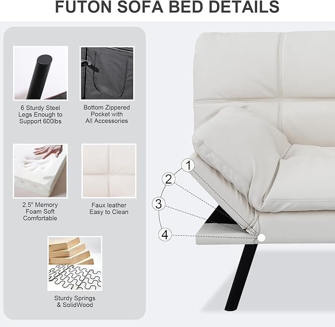 Vipbear Futon Sofa Bed Couch, 71" Convertible Sofa Bed, Space-Saving Loveseat with Adjustable Backrest & Armrest for Living Room,Apartment,Office,White Sleeper Sofa