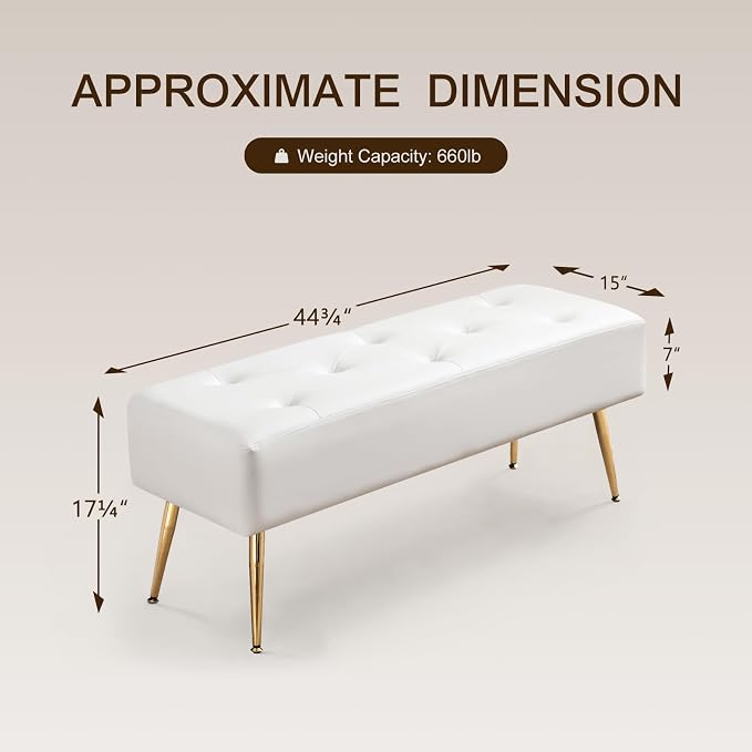 Furnimart Upholstered Tufted White Bench Ottoman with Padded Seat, Footrest Foot Stool with Sturdy Metal Leg, White Leather Bench for Bedroom Living Room Entryway - Image 3